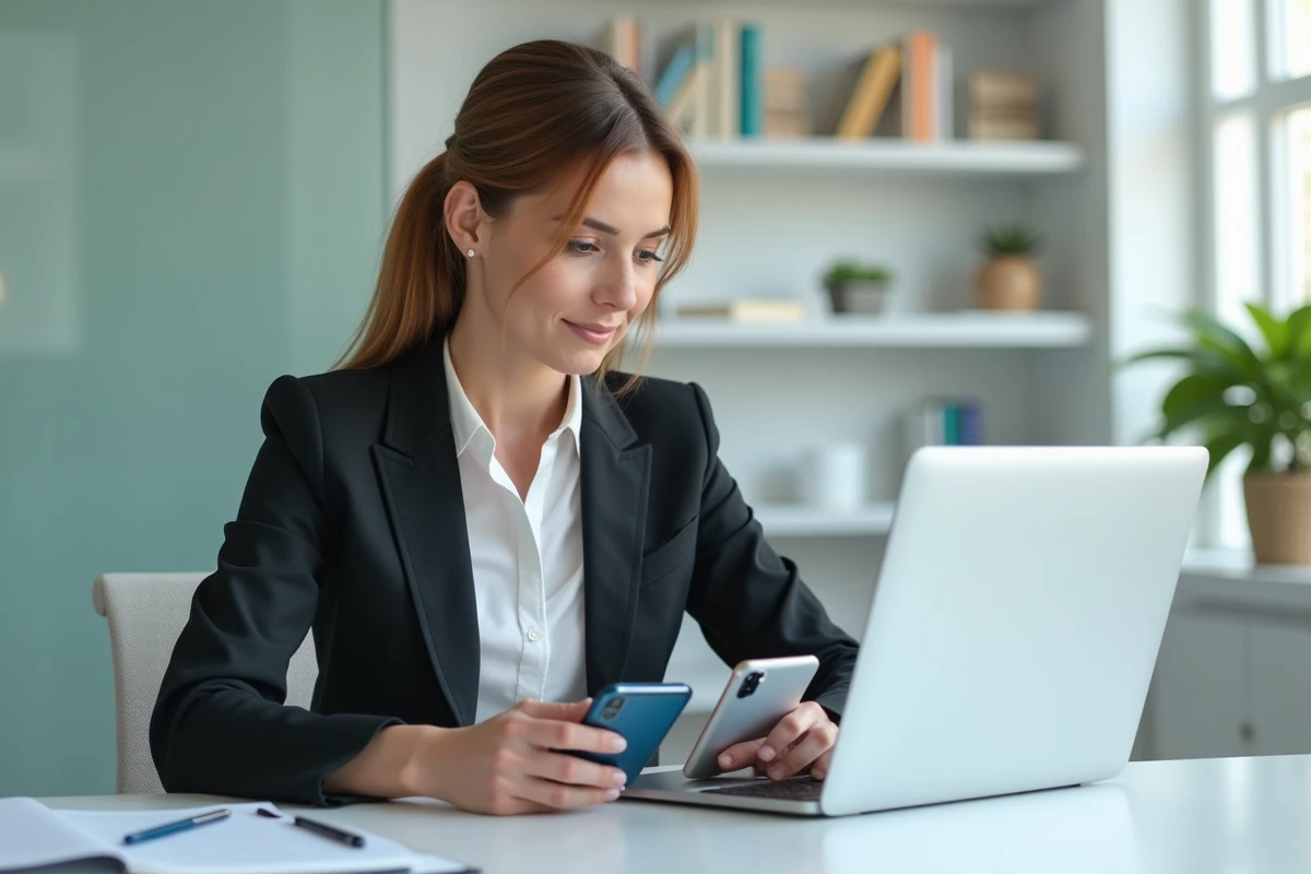 Femme d affaires compare smartphones au bureau