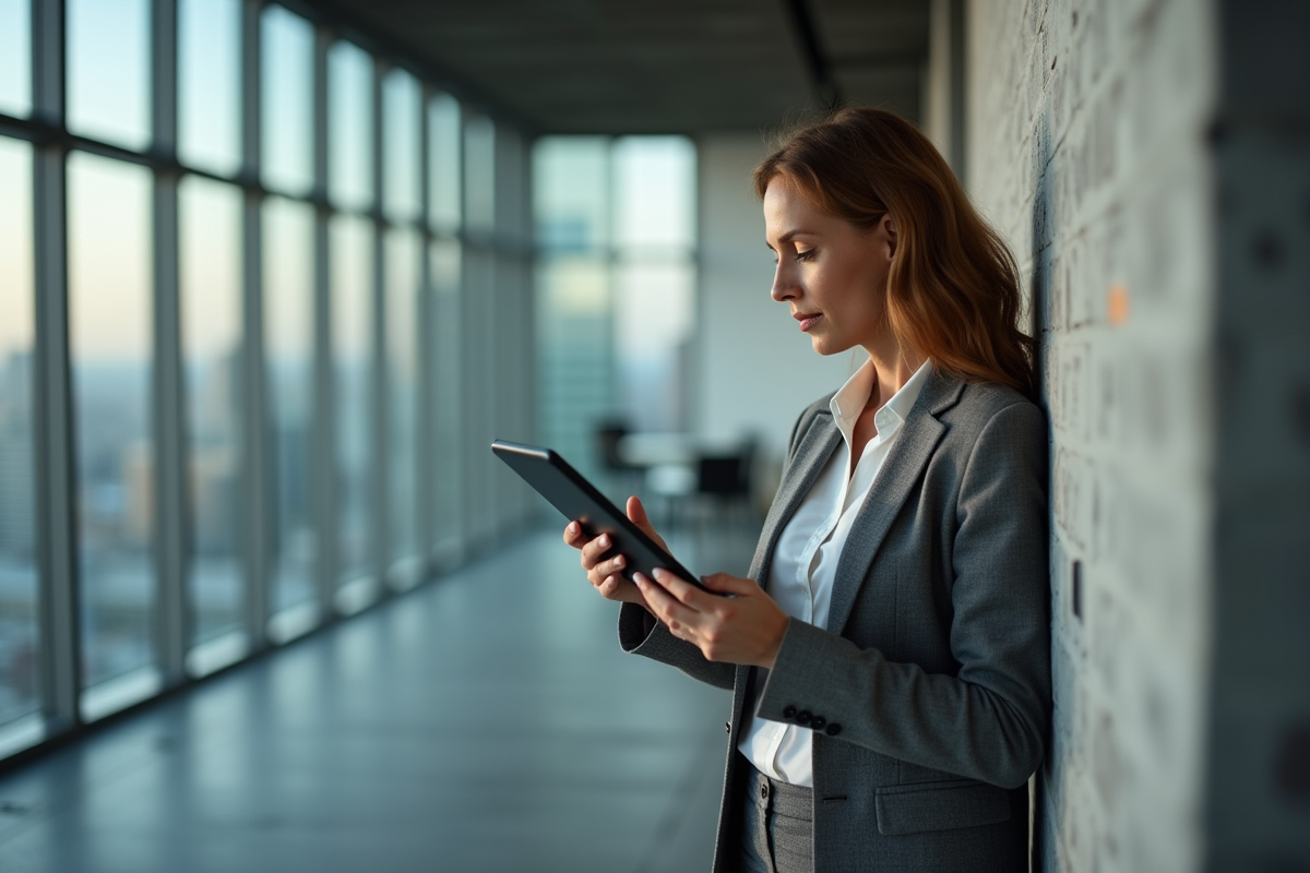 Femme d affaires examinant une tablette en réunion