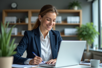 Femme d affaires en finance travaillant sur un ordinateur portable
