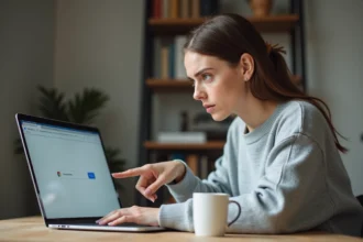 Femme utilisant le bouton Actualiser de Google Chrome sur un ordinateur portable dans un bureau à domicile