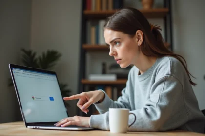 Femme utilisant le bouton Actualiser de Google Chrome sur un ordinateur portable dans un bureau à domicile