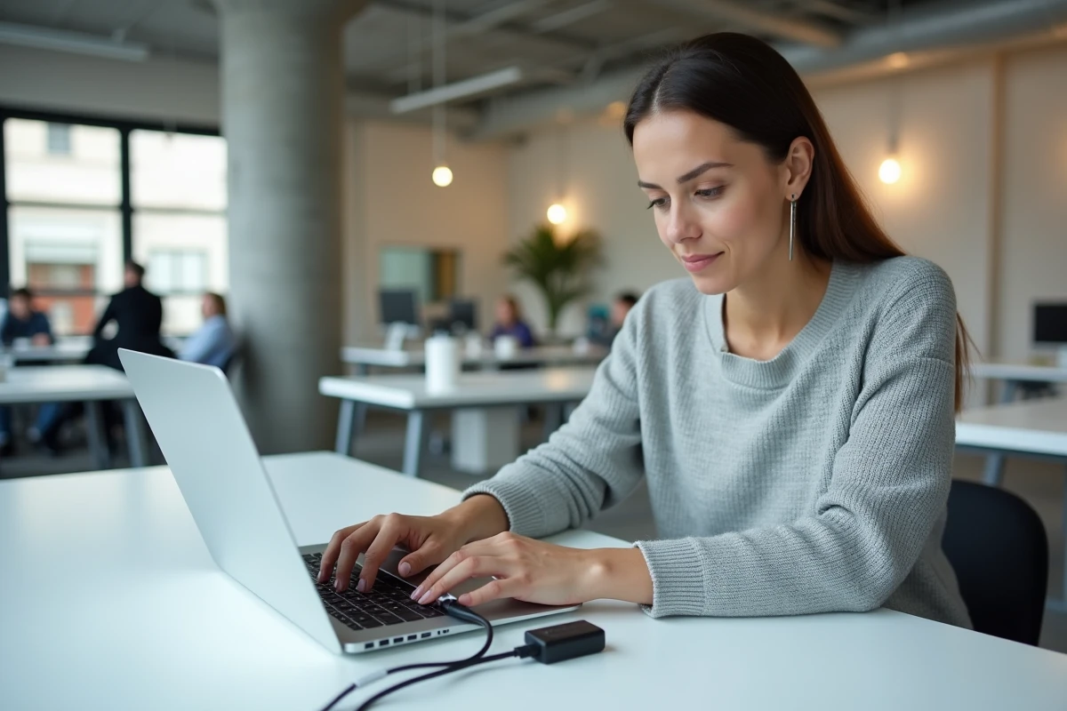 Femme branchant un câble USB-C sur un ordinateur portable dans un espace de coworking