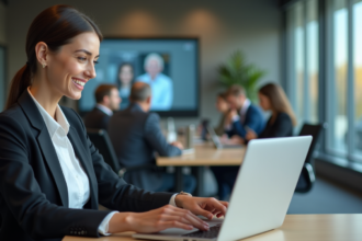 Femme professionnelle souriante avec ordinateur et chatbot