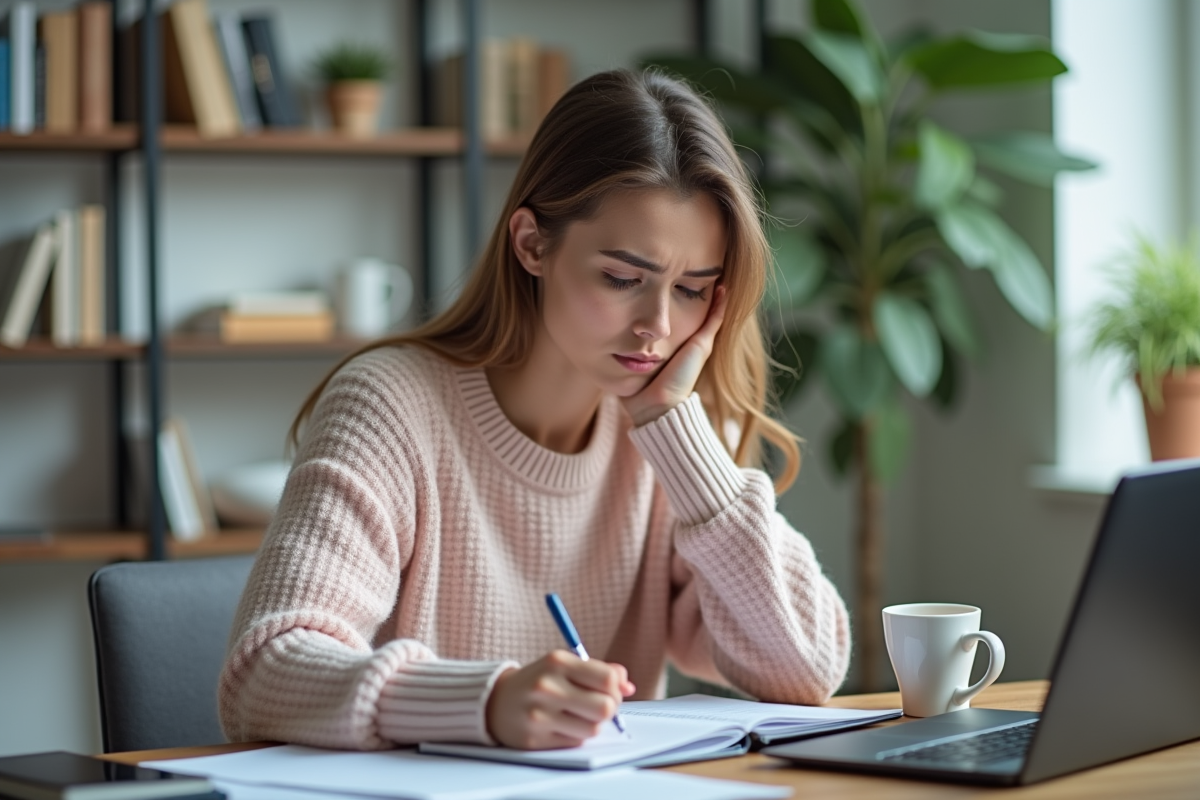 Jeune femme au bureau en pleine réflexion avec ordinateur