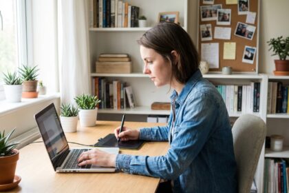 Jeune femme en denim au bureau moderne avec ordinateur