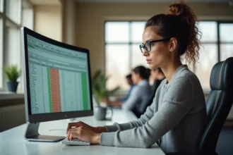 Femme au bureau travaillant sur Excel pour supprimer des doublons dans un tableau de données