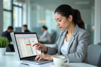 Femme au bureau pointant une formule Excel avec références de cellules figées sur écran d'ordinateur portable
