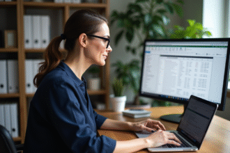 Femme d'âge moyen travaillant sur un ordinateur dans un bureau moderne