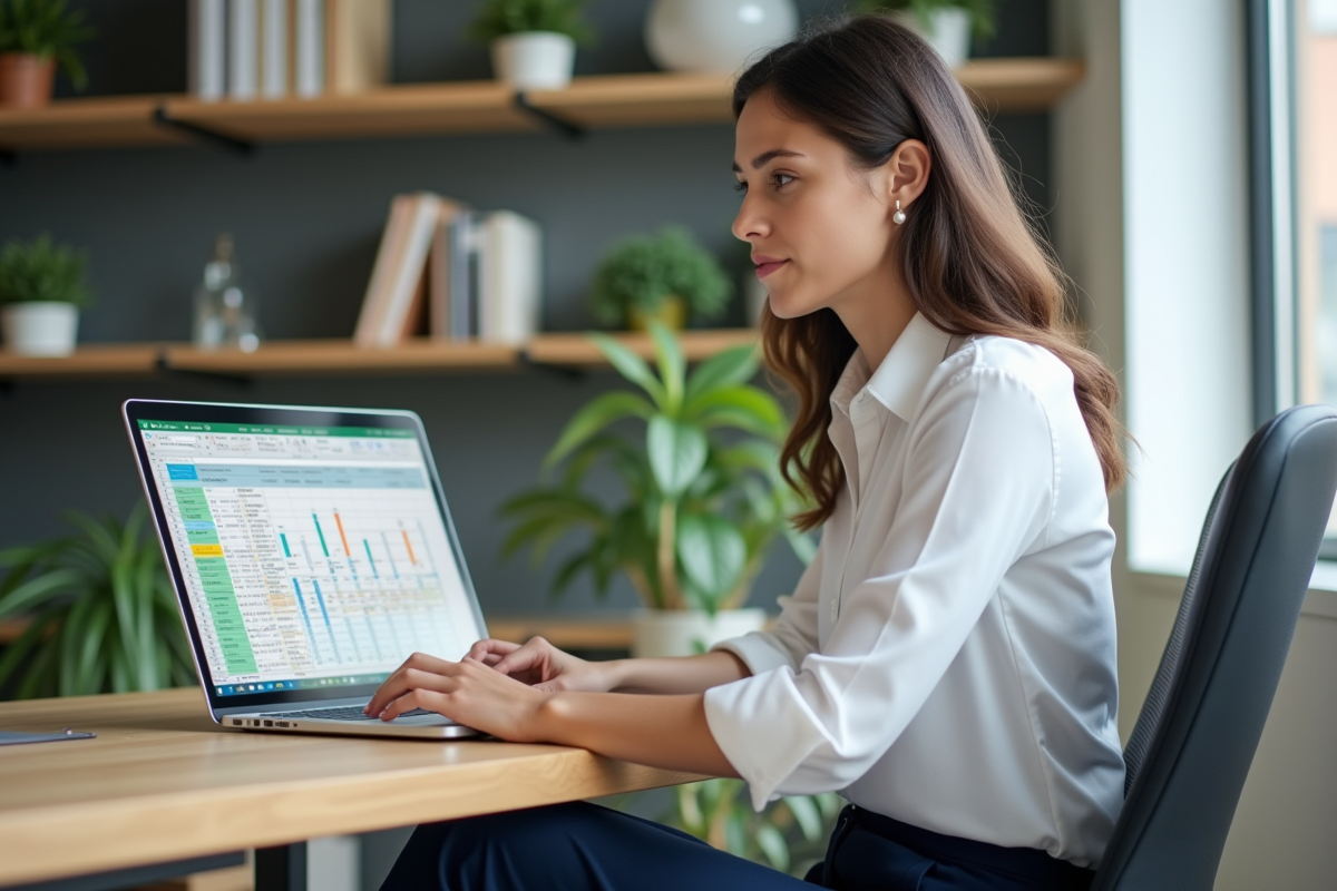 Femme au bureau travaillant sur un ordinateur portable avec Excel