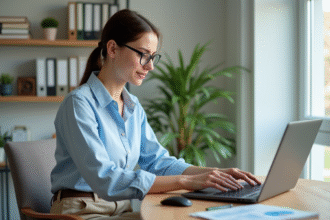 Jeune femme au bureau compare deux tableaux sur son ordinateur