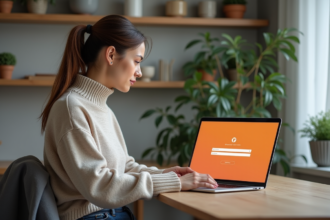 Femme assise à un bureau moderne naviguant sur un site orange