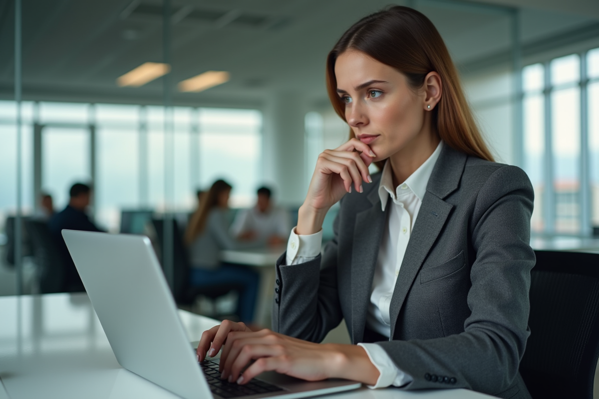 Femme en tenue professionnelle tapant sur un ordinateur dans un bureau moderne