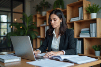 Femme concentrée travaillant sur son ordinateur dans un bureau moderne