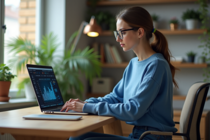 Jeune femme au bureau avec VPN sur ordinateur