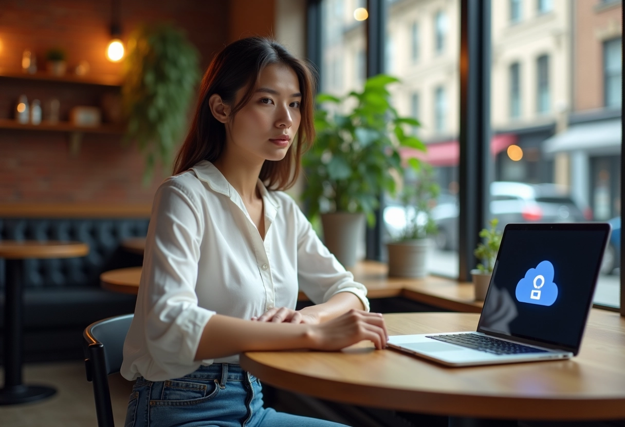 Jeune femme travaillant sur un ordinateur dans un café