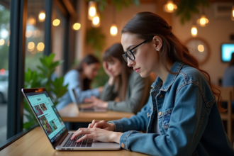 Femme assise au cafe regardant son ecran social media