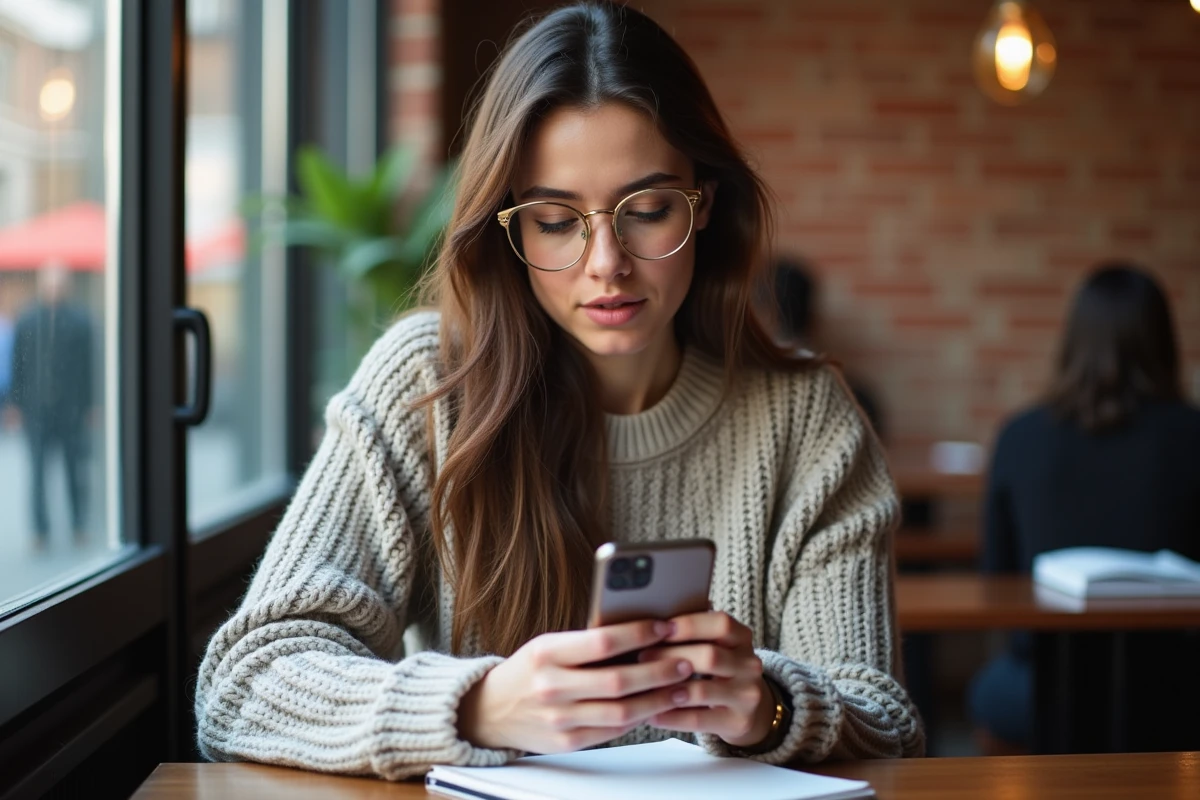 Femme dans un café urbain avec smartphone et carnet