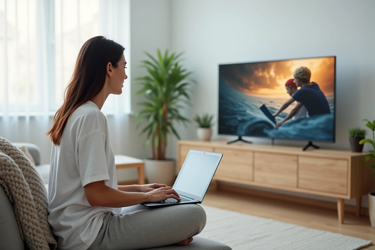 Femme assise sur un canapé utilisant un transmetteur HDMI sans fil 4K pour connecter son ordinateur portable à la télévision dans un salon moderne