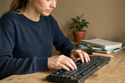 Jeune femme tapant sur un clavier AZERTY avec des caractères spéciaux visibles pour les réseaux sociaux