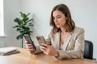 Femme comparant deux modèles d'iPhone sur un bureau en bois dans un bureau à domicile moderne