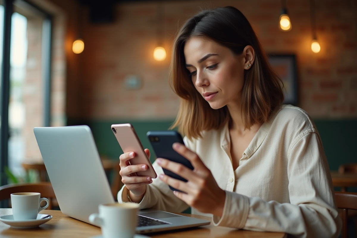 Femme comparant deux smartphones dont un Xiaomi reconditionné dans un café urbain