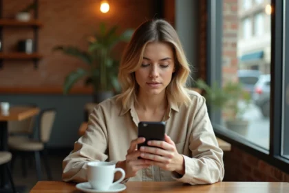 Jeune femme consultant des stories Instagram de comptes publics sur son smartphone dans un café