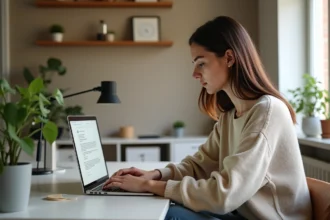 Jeune femme convertissant un document PDF sur son ordinateur