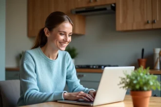 Femme créant une boîte mail Orange pour la famille sur un ordinateur portable dans une cuisine moderne