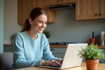Femme créant une boîte mail Orange pour la famille sur un ordinateur portable dans une cuisine moderne