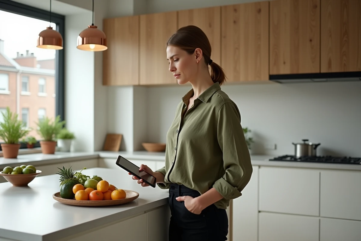 Femme créatrice de contenu consultant une plateforme de stockage en ligne depuis sa cuisine moderne