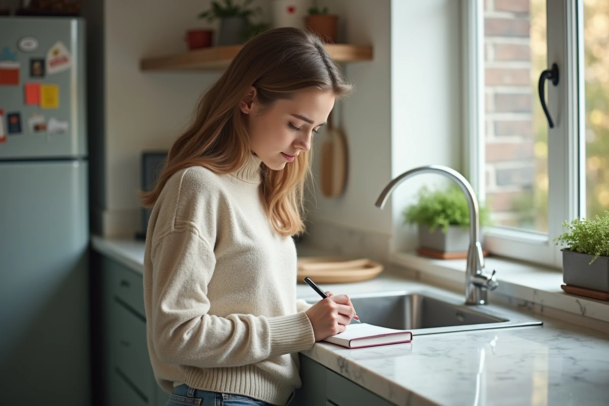 Femme écrivant un mot de passe dans une cuisine chaleureuse