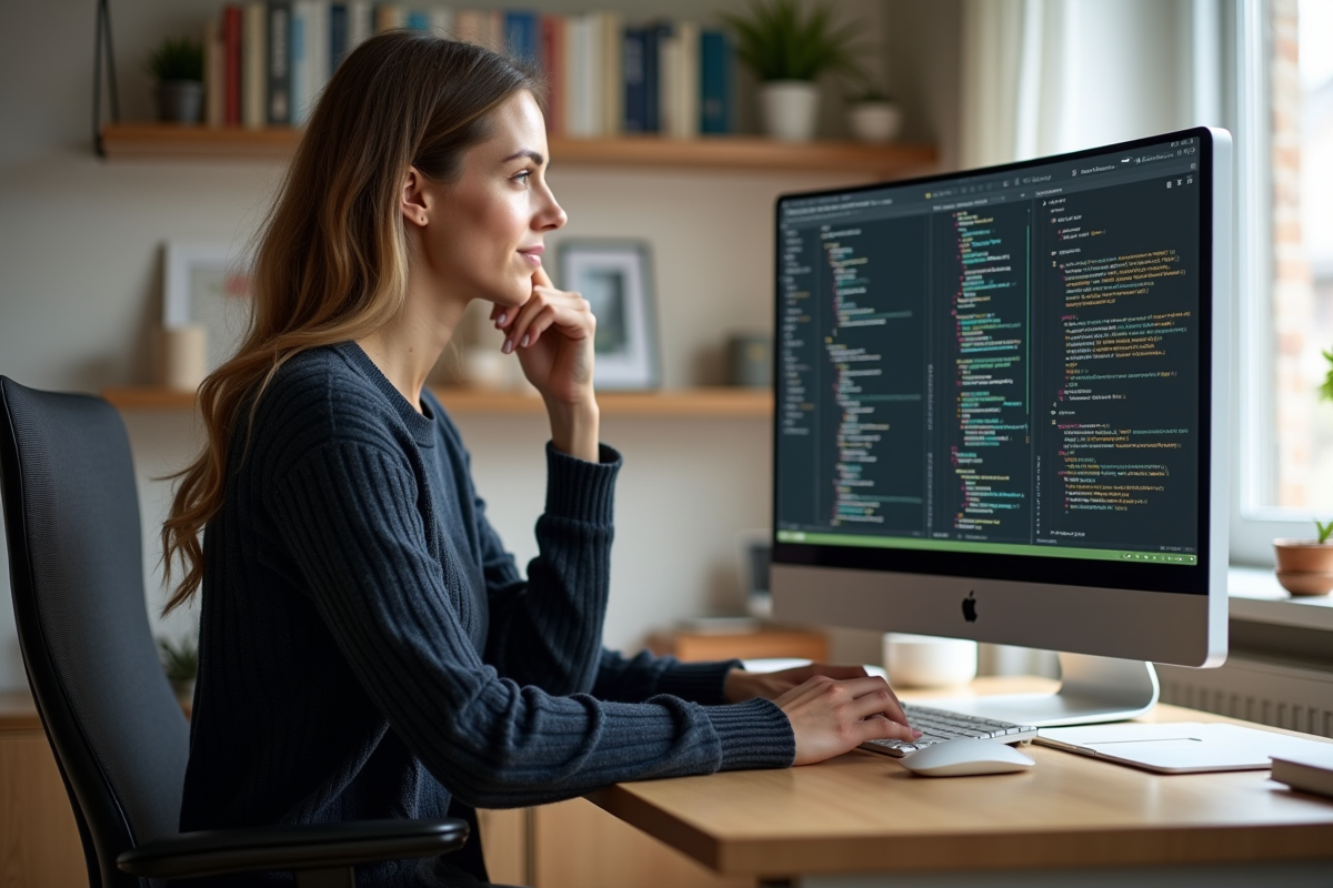 Femme developpeuse travaillant sur son code à la maison