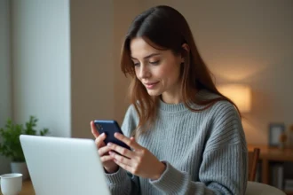 Femme tenant un Samsung Galaxy A25 reconditionné et l'examinant attentivement sur un bureau en bois