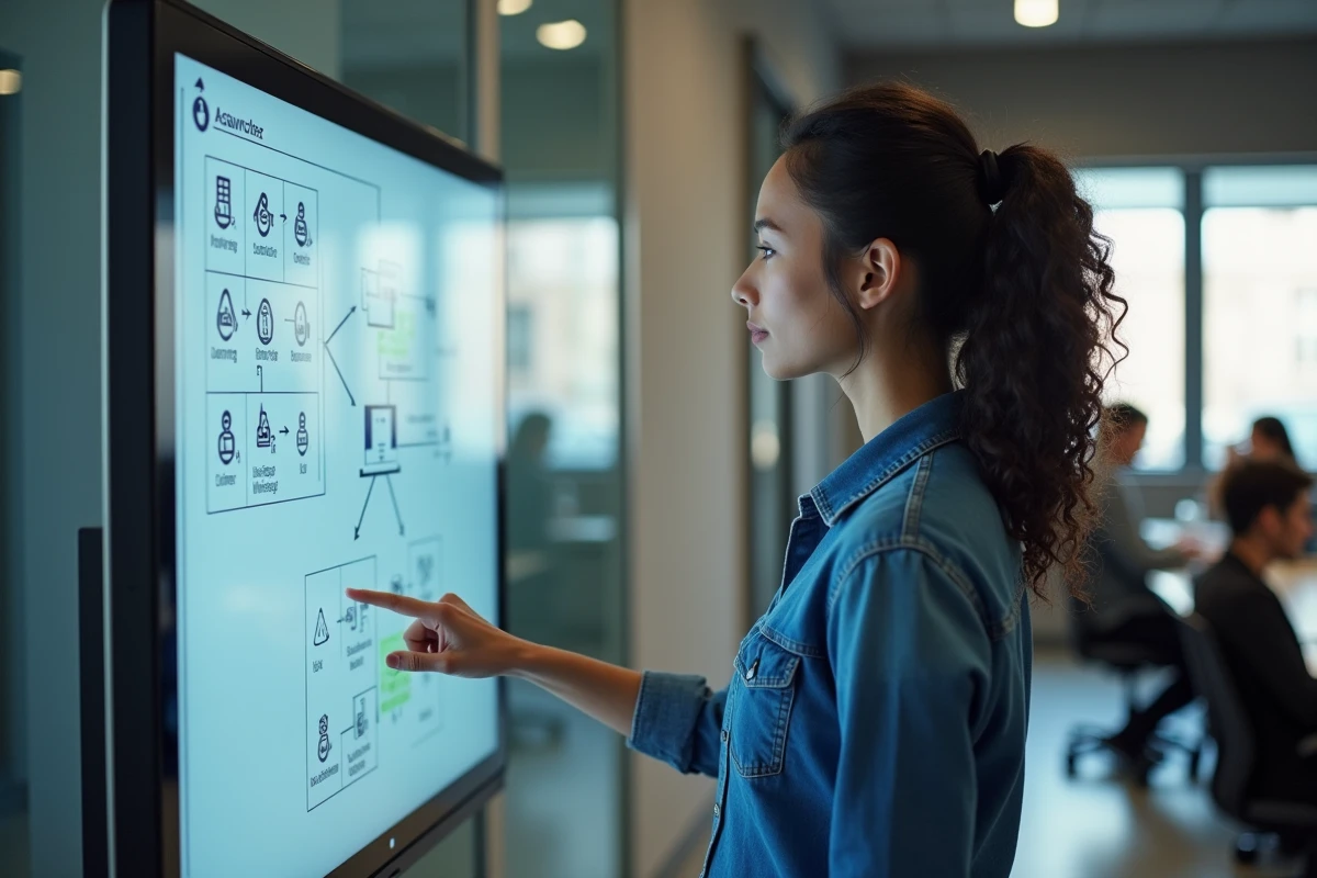 Femme expliquant la différence entre internet et le web devant un écran tactile dans un espace de coworking moderne
