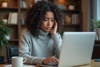 Femme frustrée devant son clavier d'ordinateur portable avec la touche @ mise en évidence, illustrant un problème de configuration clavier