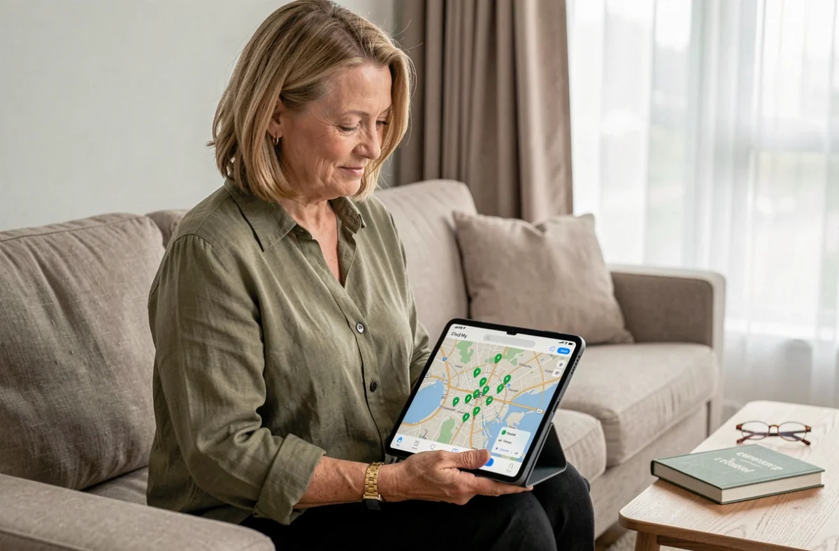 Femme d'âge mûr utilisant l'application iCloud Find My sur iPad pour surveiller la localisation de sa famille depuis son salon
