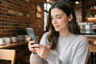 Jeune femme tenant un iPhone compatible 5G dans un café moderne, comparant les modèles pour choisir le meilleur rapport qualité-prix en 2026