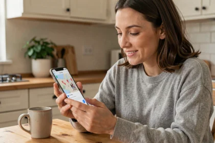 Femme utilisant l'application Find My sur iPhone pour partager sa localisation avec ses proches depuis sa cuisine