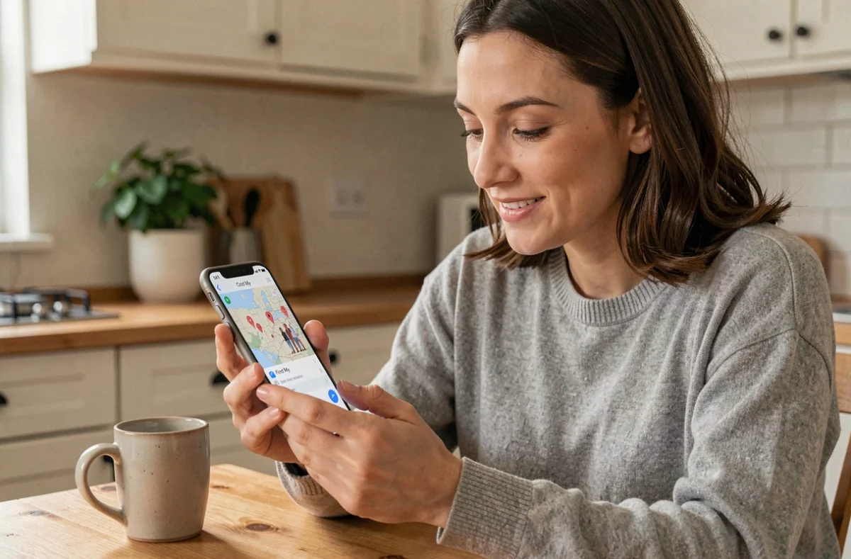 Femme utilisant l'application Find My sur iPhone pour partager sa localisation avec ses proches depuis sa cuisine