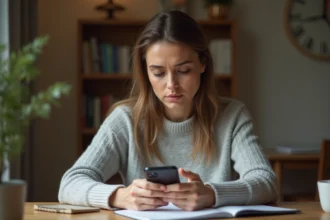 Femme consultant son iPhone pour retrouver des photos supprimées via iCloud sur son bureau à domicile