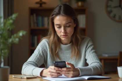 Femme consultant son iPhone pour retrouver des photos supprimées via iCloud sur son bureau à domicile
