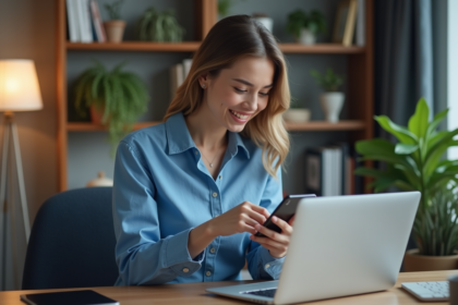 Jeune femme en bureau moderne utilisant son téléphone pour taper un code