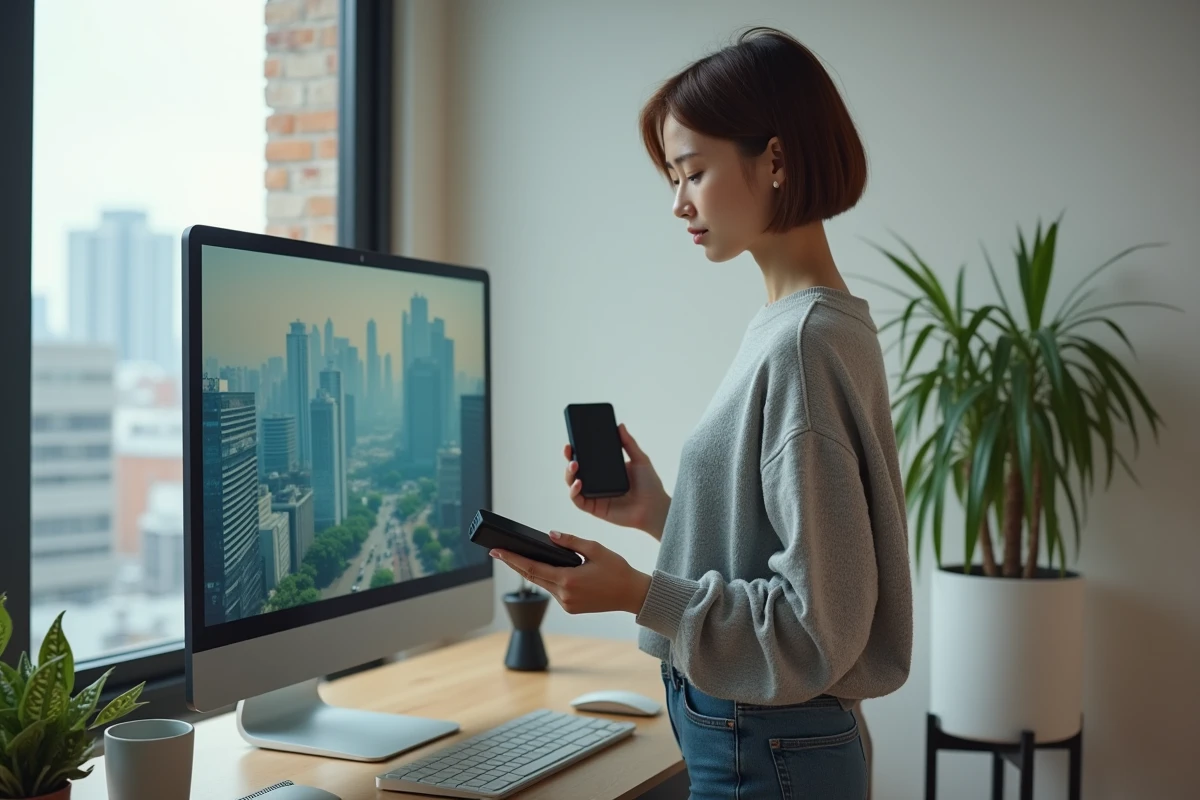 Jeune femme avec disque dur externe devant un écran d