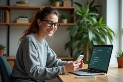 Jeune femme souriante avec smartphone dans un bureau cosy
