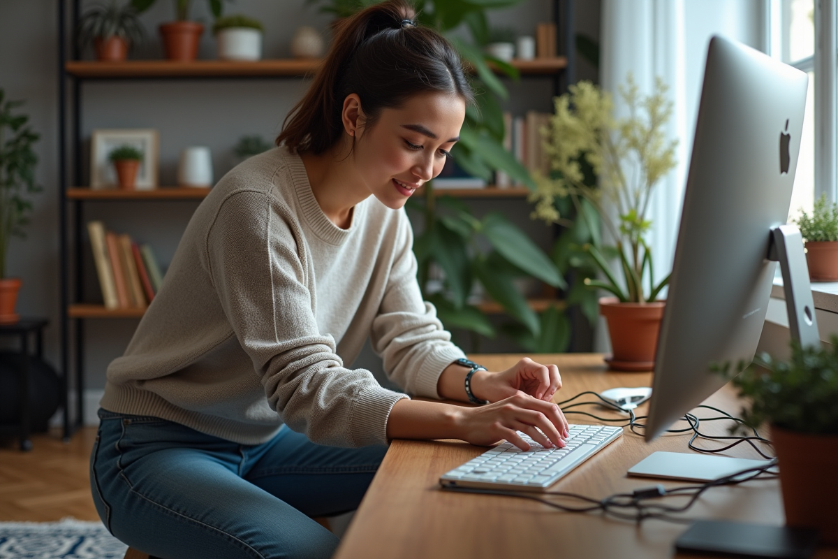 Jeune femme arrangeant des câbles informatiques dans un bureau