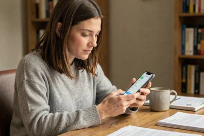 Femme paramétrant une sonnerie personnalisée sur iPhone pour un contact spécifique depuis son bureau à domicile
