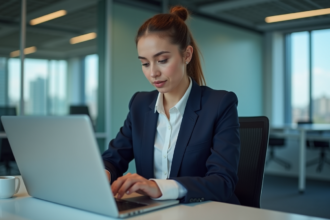 Femme professionnelle au bureau regardant son ordinateur