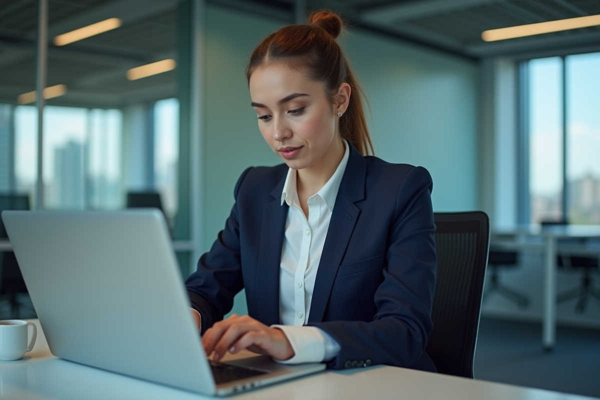 Femme professionnelle au bureau regardant son ordinateur