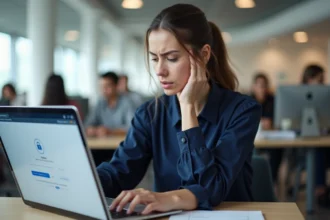 Femme professionnelle frustrée face à un écran d'ordinateur avec une erreur de connexion webmail