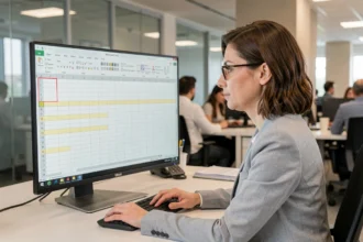 Femme professionnelle utilisant Excel pour supprimer les lignes vides dans une feuille de calcul sur grand écran en open space